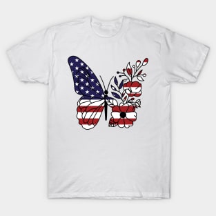 American Flag with Floral Butterfly, 4th of July T-Shirt